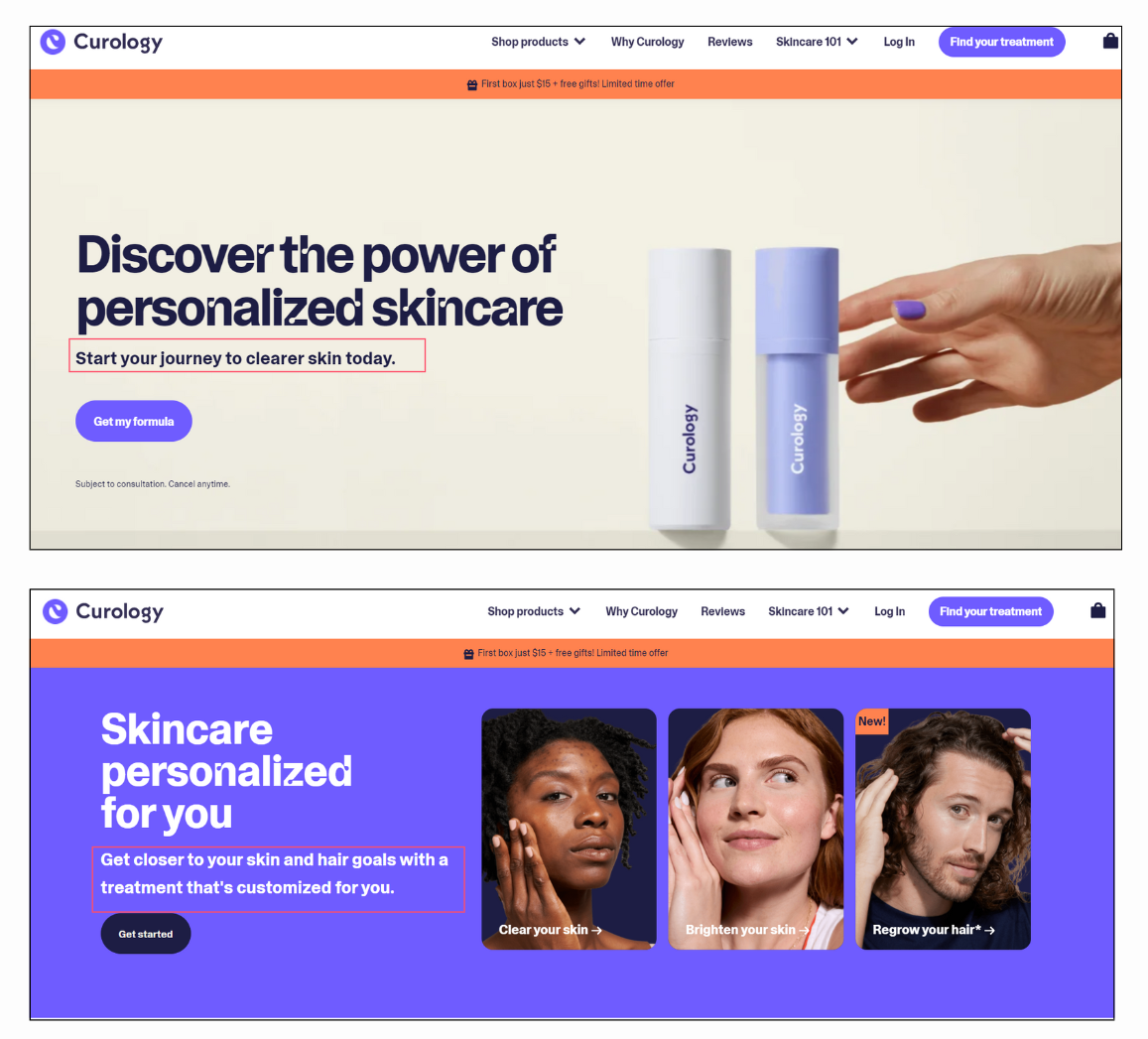 Curology personalized skincare landing page with call-to-actions to discover custom skincare solutions, featuring clear and bright skin imagery.